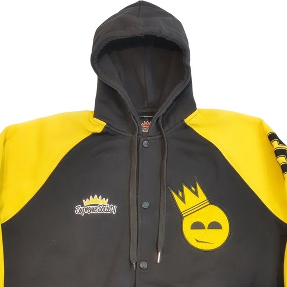 Supreme Society Men's Size Large Varsity Jacket Hooded Black Yellow Snap Button - Picture 2 of 13